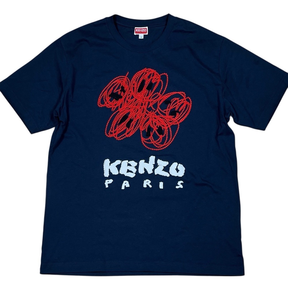 Kenzo Paris Drawn Varsity T-Shirt Mens M Midnight Blue Boke Flower Embroidery